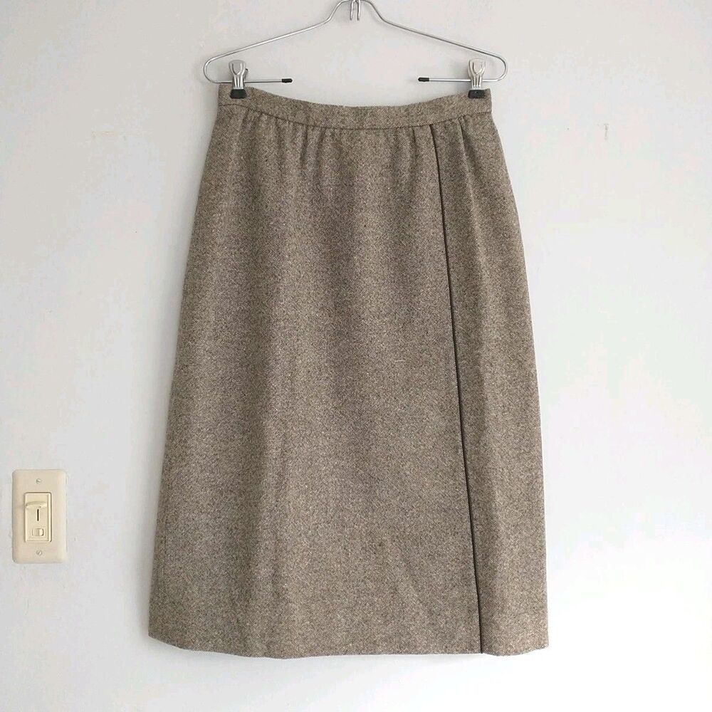 Vtg Midi Skirt 12 Beige Brown Union Made In USA ILGWU Wool(blend) Tweed Pockets